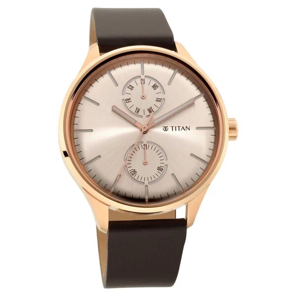 Titan Evoke Champagne Dial Analog with Day and Date Stainless Steel Strap watch for Men