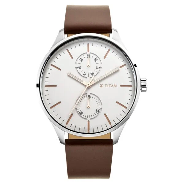 Titan Evoke White Dial Analog with Day and Date Stainless Steel Strap Watch for Men