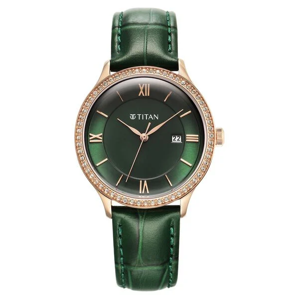 Titan Bright Leathers Green Dial Analog with Date Leather Strap Watch for Women