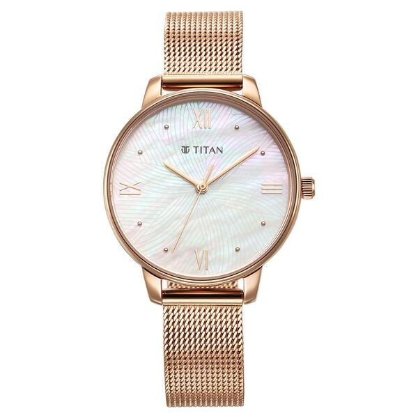 Titan Purple Style Up Quartz Analog Mother Of Pearl Dial Stainless Steel Strap Watch for Women