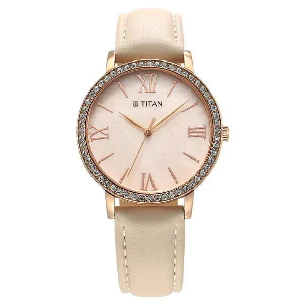 Titan Purple Style Up Quartz Analog Pink Dial Leather Strap Watch for Women