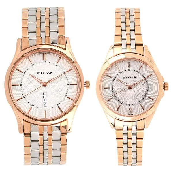 Titan Quartz Analog with Day and Date Silver Dial Stainless Steel Strap Watch for Couple