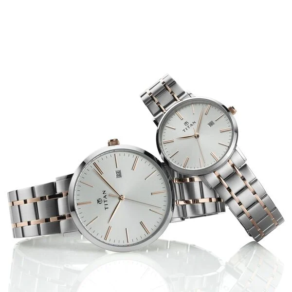 Titan Quartz Analog with Date Silver Dial Stainless Steel Strap Watch for Couple