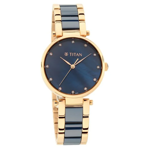 Titan Quartz Analog Blue Dial Ceramic Strap Watch for Women
