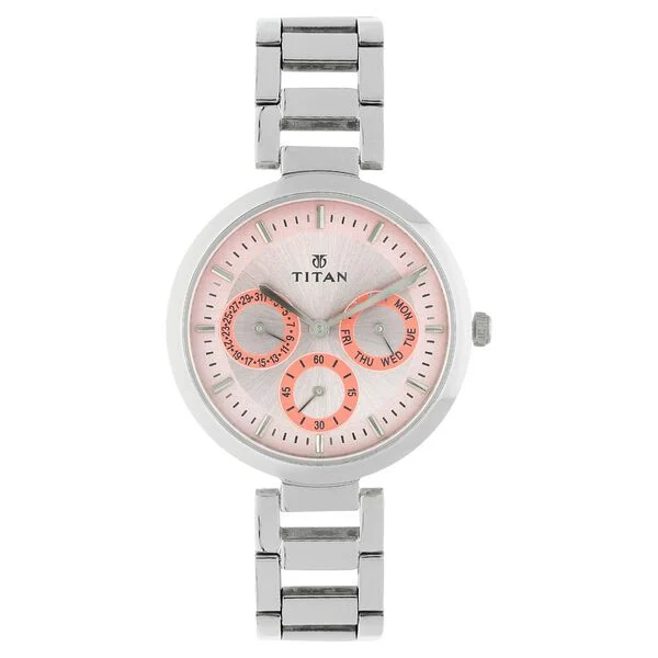 Titan Quartz Multifunction Pink Dial Stainless Steel Strap Watch for Women